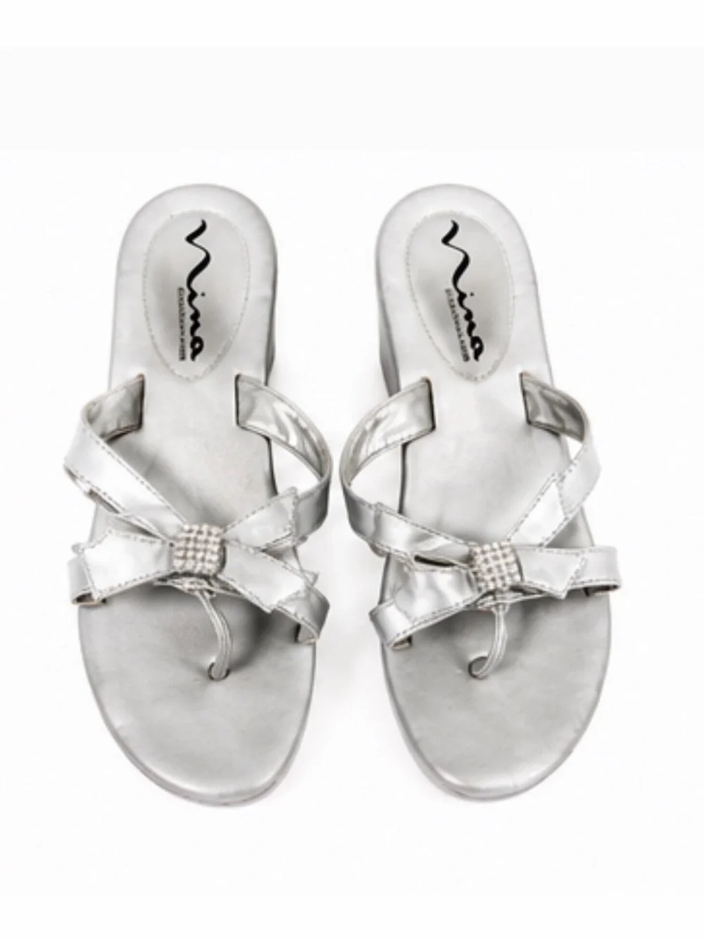 Nina Silver Wedge Thong Sandal with RhinestoneDecorative Bow